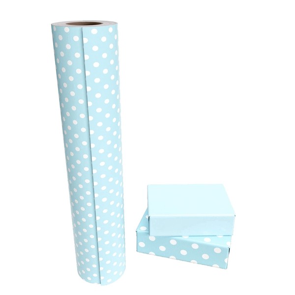 WRAPAHOLIC Reversible Wrapping Paper - 30 Inch X 100 Feet Jumbo Roll Baby Blue Polka Dots Design, Perfect for Birthday, Party, Baby Shower and More Occasions