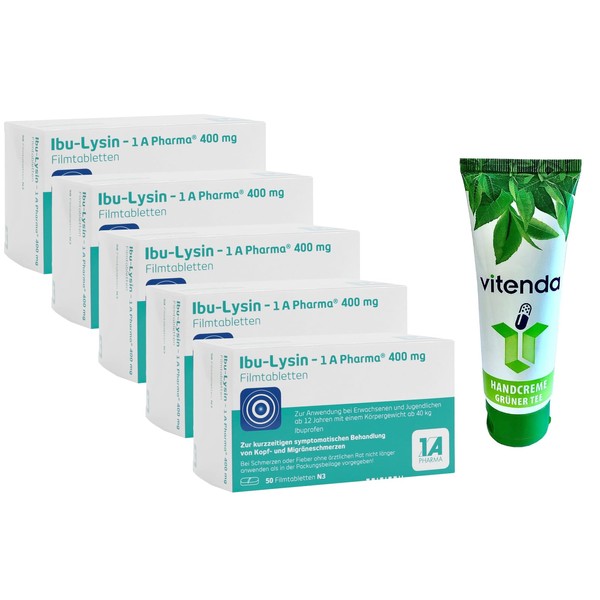 Ibu-Lysine - 1 A Pharma 5 x 50 Tablets Including a vitenda Hand Cream - For Treating Mild to Moderate Pain
