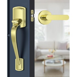 Mensarix Front Door Handle No Lock for Right & Left Handed Doors, Modern Exterior Door Handle with Reversible Lever, Lower Half Grip, Gold