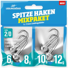 Lieblingsköder Tip Hook Mixing Pack 2/0-4 Jig Heads for Rubber Fish, Lead Heads for Rubber Bait, Jig Heads