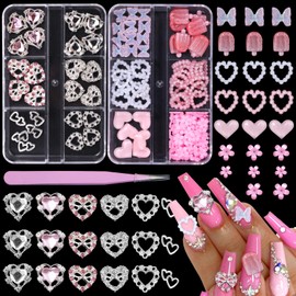 3D Heart Nail Charm and Gem Set, 25 Pcs 6 Style Silver Heart Alloy Nail Rhinestones+Hollow Heart Pearls Nail Art+Flower Butterfly Candy Acrylic Nail Jewelry for DIY Nail Art Decor