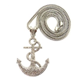 NYFASHION101 Iced Out Anchor Pendant w/ 4mm 36" Franco Chain Necklace, Silver-Tone