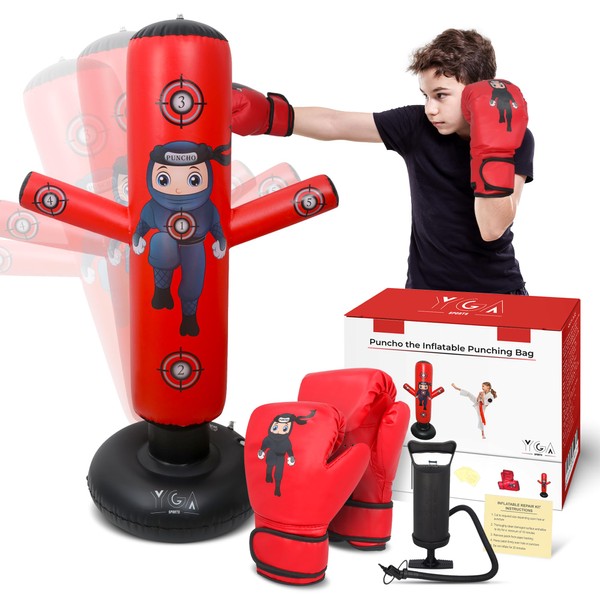 PUNCHO The Inflatable Punching Bag for Kids 3-8: Freestanding 63” Kids Punching Bag 8-12, Durable Boxing Set with Gloves, Pump and Exclusive Ebook for Boys & Girls - MMA, Karate. Immediate Bounce Back
