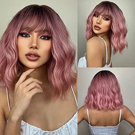 Pelucas Bob Cortas Onduladas Claro con Flequillo Peluca al Hombro Rizada y Ondulada Pelucas Cosplay de Sintético para Mujer (Rosa Ombre)