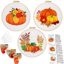 Louise Maelys 3 Sets Pumpkin Embroidery Kits for Beginners,Cross Stitch Kits for Adults,DIY Starters Needlepoint Kits with Fall Flower Wreath Pattern,Including Embroidery Instruction