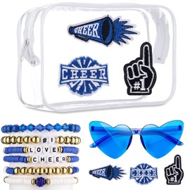 SilTriangle 11 Pcs Cheer Cheerleader Cheerleading Makeup Bag Set Waterproof Travel Toiletry Pouch Cheer Bracelets Heart Shaped Sunglass Embroidered Patches for Cheerleading Teammates Party Supplies