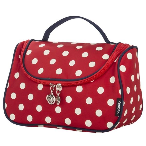 Travel Makeup Bag Cute, Yeiotsy Stylish Polka Dots Cosmetic Bag for Women Hanging Toiletry Bag Organizer (Classic Red)
