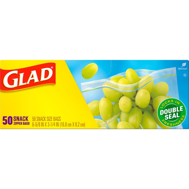 Glad Zipper Food Storage Plastic Bags, Snack, 50 Count (Packaging