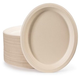 brheez Disposable Oval Large Plates Made from Unbleached Plant Fiber More Heavy Duty Than Paper Also Used as Platters 10 inch x12.5 inch Pack of 50