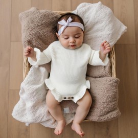 Baby Girl Fall Clothes Newborn Knit Sweater Romper Ruffle Solid Color Crochet Onesie One Piece Winter Outfit (White, 0-3 Months)