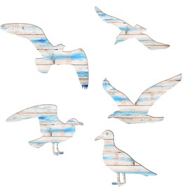 VEGOATY 5-Piece Seagull Wall Decoration, Beach Wall Decoration, Maritime Wood Look, Birds Wall Art, Wooden Seagull Decoration, Beach Decorations, Ocean Decorations for Living Room, Bedroom, Sea