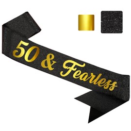 50th Birthday Sash - 50 & Fearless 50th Birthday Decorations for Women Men, 50th Birthday Party Favors for Her Him. (32-inch, Black Glitter Gold Foil)
