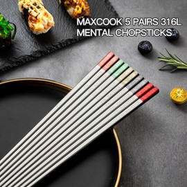 MAXCOOK Metal Chopsticks, 5 Pairs 316L Stainless Steel Chopstick，Non-Slip Sushi Chop sticks with Laser Engraving, Reusable Chopsticks for Japanese Cuisine (9.25 Inch)