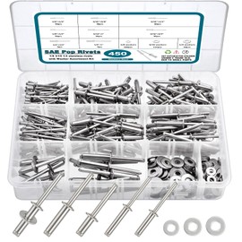 SATANTECH 450Pcs 304 Stainless Steel Pop Rivets with Washers Assortment Kit,1/8" 3/16" 1/4" Assorted Blind Rivets 8 SAE Sizes,DIY/Home/Automotive Repairs