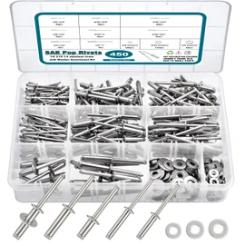 SATANTECH 450Pcs 304 Stainless Steel Pop Rivets with Washers Assortment Kit,1/8" 3/16" 1/4" Assorted Blind Rivets 8 SAE Sizes,DIY/Home/Automotive Repairs