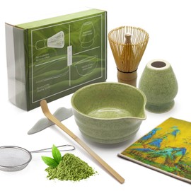 Premium Matcha Set Complete - 7-Piece Organic Tea Ceremony Accessories Including Bamboo Whisk, Ceramic Bowl & Strainer - Gift Box