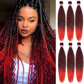 MSBELLE Red Braiding Hair Pre Stretched,26 Inch 6 Pack Prestretched Ombre Braiding Hair Extensions for Women Synthetic Soft Yaki Texture Crochet Braids Hair Extensions (1B/Red)