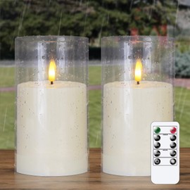 Zevanor 4" x 7" Large Flameless Pillar Waterproof LED Acrylic Candles with Remote Control, Flickering 3D Wick Timer Function Battery Operated Ivory Plastic Set of 2 Outdoor Warm Light