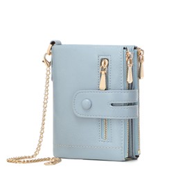 AOXONEL Wallets for Women Small Rfid Bifold Leather Ladies Wallet,Travel Billfolds Medium Size Card Holder with Removable Wristlet Chain,Multi-Card Slots,ID Window,Double Zipper Coin Pocket (Blue)