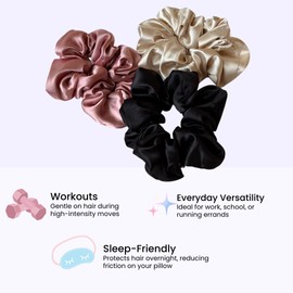 Eco-Friendly Large Satin Scrunchies for Women - Luxurious Hair Ties No Damage, Softer Than Silk, Bold and Stylish No-Crease Hair Accessories for Girls & Women, 3pcs (Black)