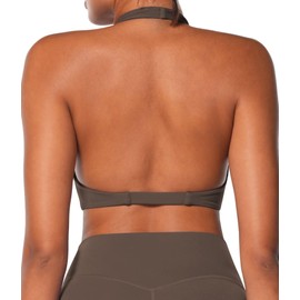 Sunzel Women's Halter Neck Sports Bra, Twist Front Yoga Crop Top with Removable Pads, Double Lined for Gym Workout or Lounge Seal Brown Small