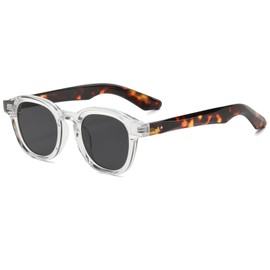 Long Keeper Retro Round Sunglasses - Vintage Small Sunglasses Round Men Women Classic Unisex Retro Round Glasses Johnny Depp Glasses with UV400 Protection, Transparent frame leopard temple - dark grey