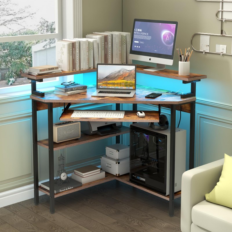 Triangle Corner Desk with Charging Station and LED Light for