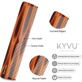 KYVU Handgefertigter Zelluloseacetat-Kamm T7, 18,7 cm, feine und grobe Zähne, Schildpatt-Farbe, Haarstyling für Männer und Frauen