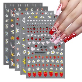 SUTOKAKA 5 Sheets 3D Strawberry Nail Art Stickers Decals 5D Self Adhesive Embossed Flower Fruit Ladybug Nail Supplies Colorful Spring Summer Nail Art Design Decoration Accessories