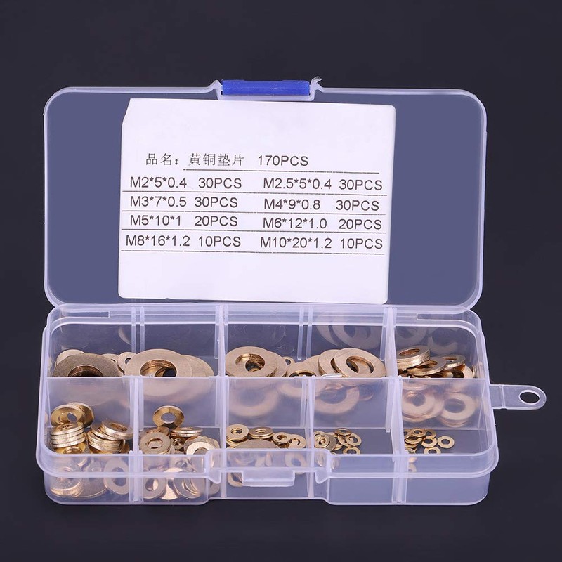 Copper Washer Kit,180Pcs M2/M2.5/M3/M4/M5/M6/M8/M10 Round Brass Flat Ring Washer Assortment