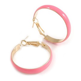 Wide Light Pink Enamel Hoop Earrings In Gold Tone/30mm D/Small Size