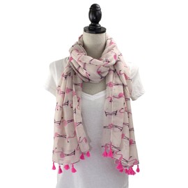 stylesilove Womens Flamingo Print Tassels Oblong Cotton Scarf Lightweight Shawls (Pink)