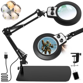 KIRKAS 10X Magnifying Glass with Light and Stand, 2-in-1 Any Color Modes & Stepless Brightness Magnifying Desk Lamp with Clamp, LED Magnifier with Light for Crafts Jewelry Painting Sewing Close Work