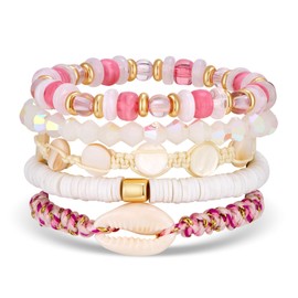 WOWORAMA 5PCS Layered Surfer Bracelet Set for Women Multi Layer Stackable Stretch Beaded Bracelets Stack Boho Adjustable Summer Hawaiian Shell Bracelet