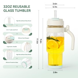 Nefeeko 32 oz Glass Tumbler with Handle, Leak-Proof & Lead-Free Wide Mouth, Reusable Glass Water Bottles with Straws and Lids, Iced Coffee Cup Fits in Car Cup Holders, Smoothie Cup (Blue)