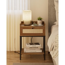 Masupu Nightstand with Charging Station, Modern Bedside Table Night Stand with Storage Drawer and Shelf,Small End Side Table for Bedroom,Living Room,Walnut Brown