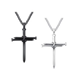 2Pcs Trendy Nail Cross Stainless Steel Pendant Necklace Christian Jewelry Church Baptism Gift Cross Pendant Necklaces for Men Women, Metal, No Gemstone