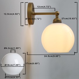 Yosoan Brass Boho Vanity Gold Bathroom Wall Sconce, 1-Light Indoor Hardwired Wall Mounted Vintage Industrial Fixture Lights with White Double Hole Round Glass Lamp for Mirror, Living Room(Antique)