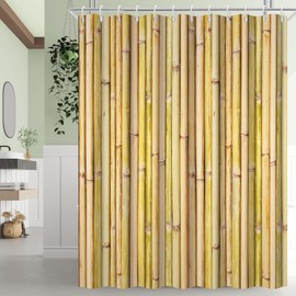 Bamboo Shower Curtain, Green and Yellow Nature Plant Shower Curtain for Bathroom Waterproof Botanical Bathroom Decor with Hooks, 72x72 Inch