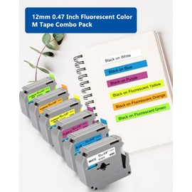 Labelwell 6-Pack Fluorescent Color Label Tape Replacement for Brother M 12mm 0.47 Tape Refills for P Touch PT-45 PT-65 PT-70 PT-80 PT-M95, Black on White/Blue/Purple+Fluorescent Yellow/Orange/Green