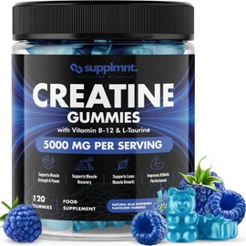 Gominolas de Creatina 5000mg – 120 Unidades – Sabor Frambuesa Azul – Suplemento de Creatina Monohidrato con B12 y L-Taurina – Gominolas Veganas Pre Entreno para Energía, Fuerza y Recuperación Muscular – 1 Mes de Suministro