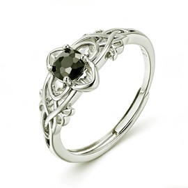 925 Sterling Silver Platinum Plated Celtic Knot Ring for Adult Women, Round Black Cubic Zirconia Band
