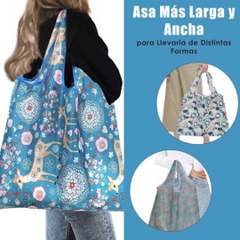 Ausein Bolsas Reutilizables de 6 Piezas, Bolsa Plegable de Poliéster de Gran Capacidad, Bolsas de Tela Ecologicas para Supermercado para Frutas, Verduras y Comestibles, Lavable a Máquina, 46 x 66cm