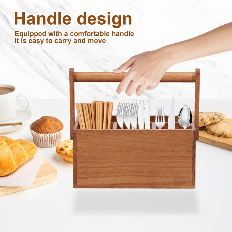 DJAPWPX Wood Silverware Caddy with Handle, 4 Compartments Utensil Holder,