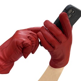 Harssidanzar Leather Gloves for Women, Winter Warm Fleece Lining, Touchscreen Vintage Finished GL018EU, red