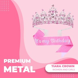 Papoopy Birthday Tiara and Crown with Sash, Birthday Tiara for Women Birthday Party (Pink)