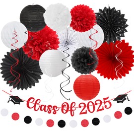 2025 Class Graduation Party-Decorations Banner-Streamers - 21pcs Black White-Red Congratulations Grad Backdrop Decor,Tassel Garland,Tissue Pom Poms Honeycomb,Paper Lantern Fans Hugtmr