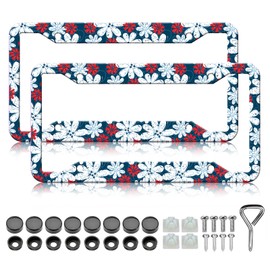 HCSS White Red Flower License Plate Frames - 2 Pack Floral Aluminum Metal License Plate Holder Covers Car Accessory,Rust-Proof Waterproof Car Decorative Tag Frames for Standard US 12x6 Inch