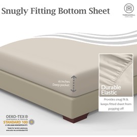 Threadmill Cotton Fitted Sheet Queen Size - 300 Thread Count 1 Piece Beige 16 Inch Elasticized Deep Pocket Sateen Sheets for Queen Size Bed - Snug Fit Soft & Durable Hotel Quality Bottom Sheet