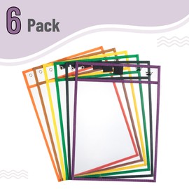 Mr. Pen Dry Erase Pocket Sleeves, 6 Pack, 10x14 inches, Multicolored Border, Plastic, Reusable Dry Erase Sheet Protectors
